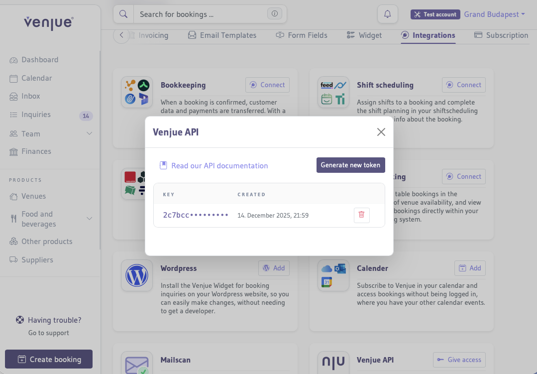 Screenshot of Setting's page for generating an API key