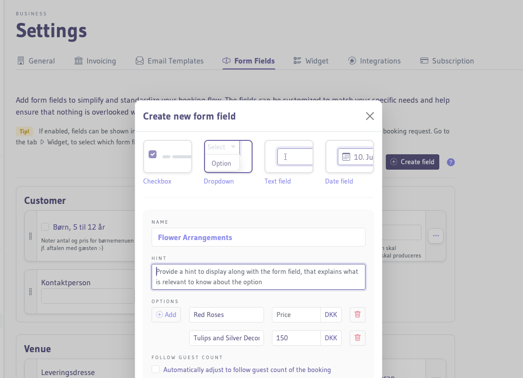 Screenshot of creating a Form Field screenshot create form field modal